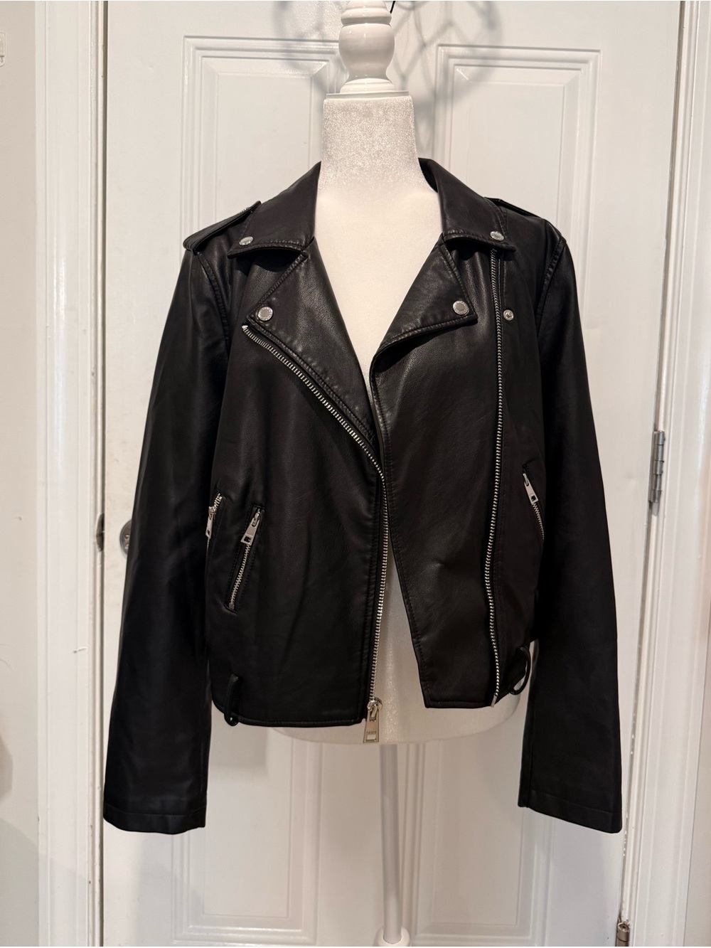 Women’s Black Leather Biker Jacket with Silver Zippers